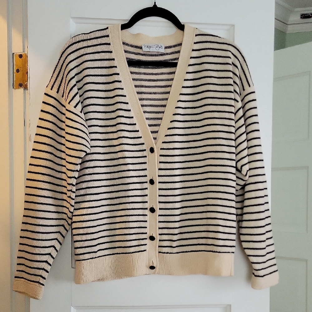 Vintage St. John Knits Black Cream Striped Oversized Nautical Cardigan - M